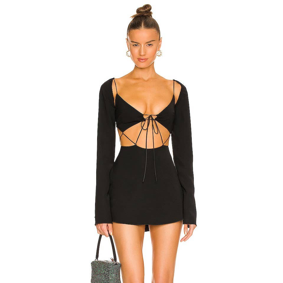Danielle Guizio Flore Tie Dress Xs Black Lace-Up Mini Cutout Long Sleeve